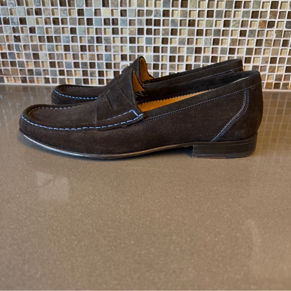 DONALD J PLINER Naper Black Suede/Blue Stitching Penny Loafers Shoes 8.5 Exc